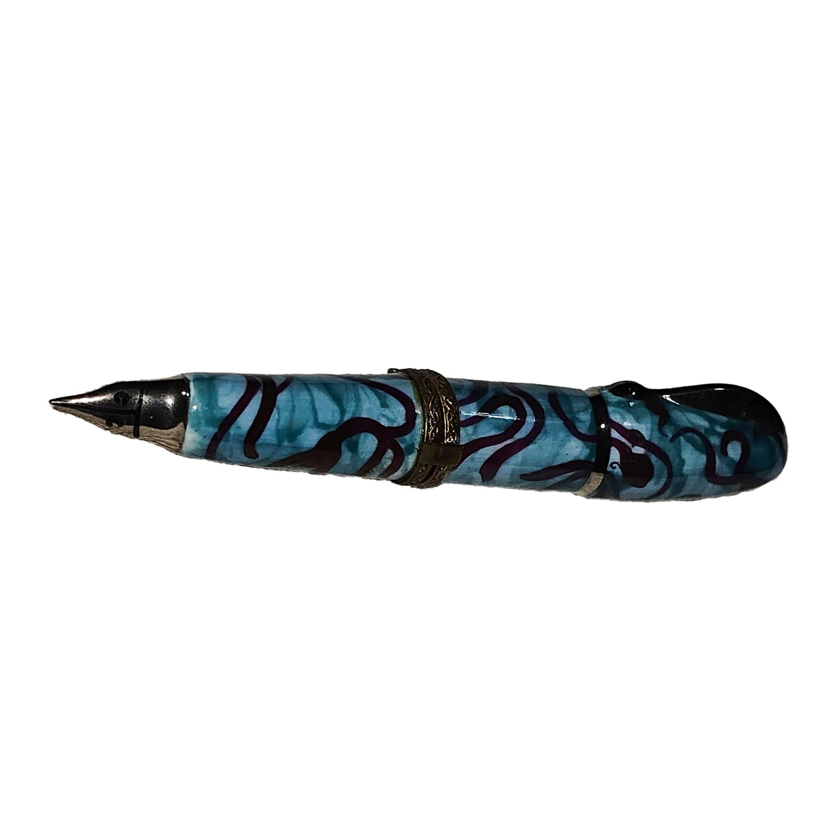 Green Blue Swirl Fountain Pen Limoges Box for Collectors, a hand-painted Limoges porcelain gift