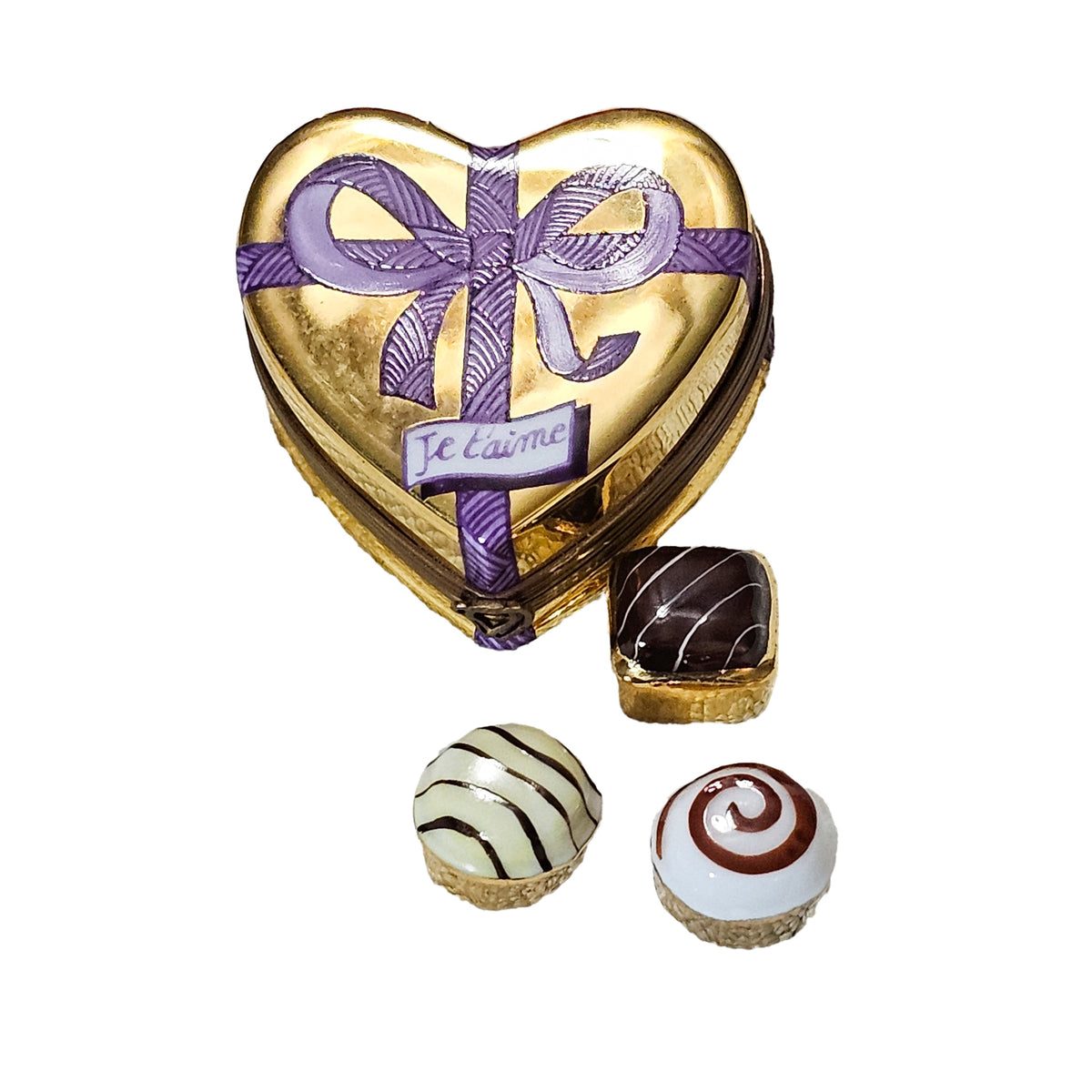 Je T'aime Gold Heart Purple Bow w Porcelain Chocolates, a hand-painted Limoges porcelain gift