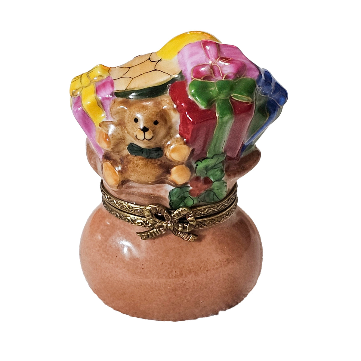 Kids in Santa Gift Bag Presents, a hand-painted Limoges porcelain gift