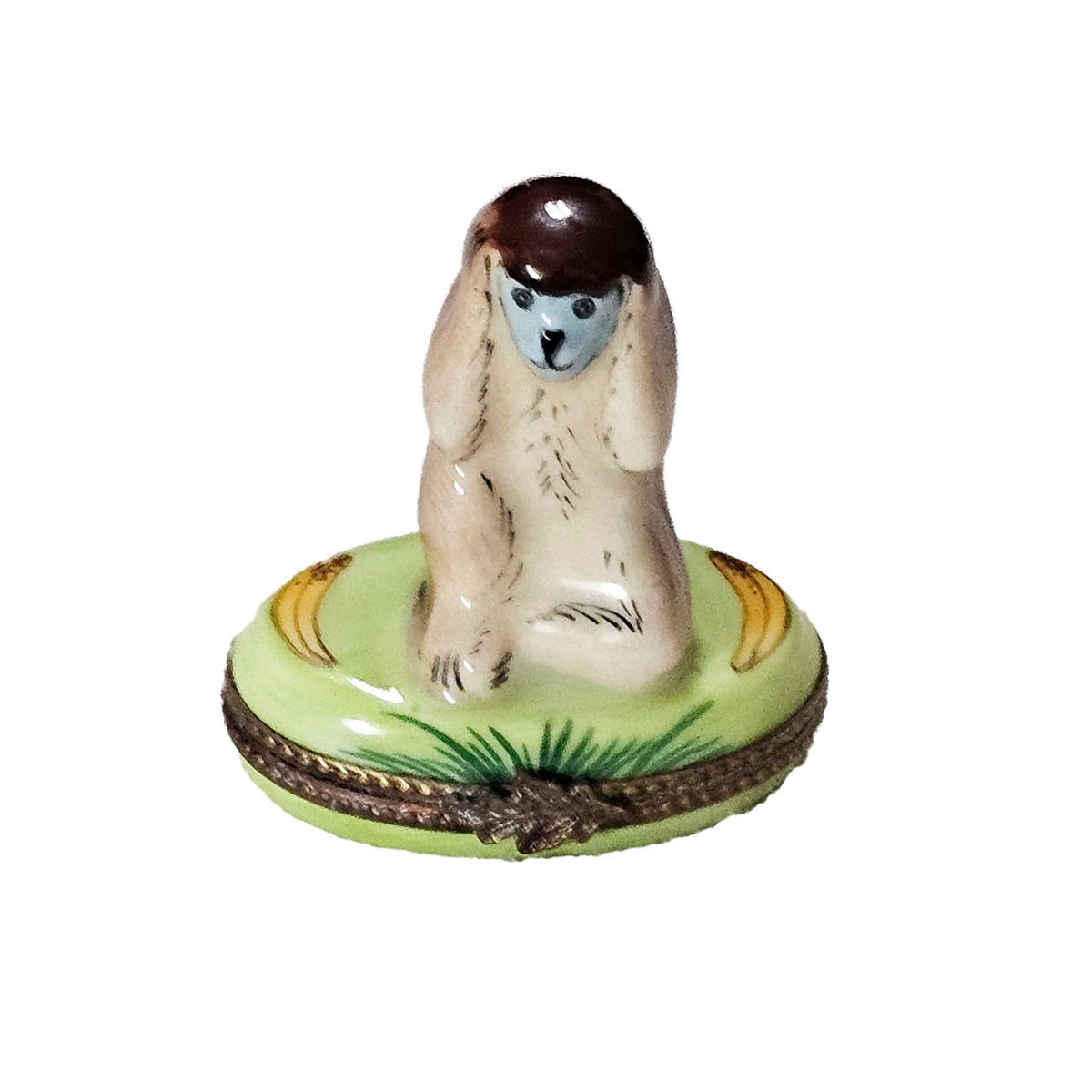 Monkey Touching Ears Limoges Box, a hand-painted Limoges porcelain gift