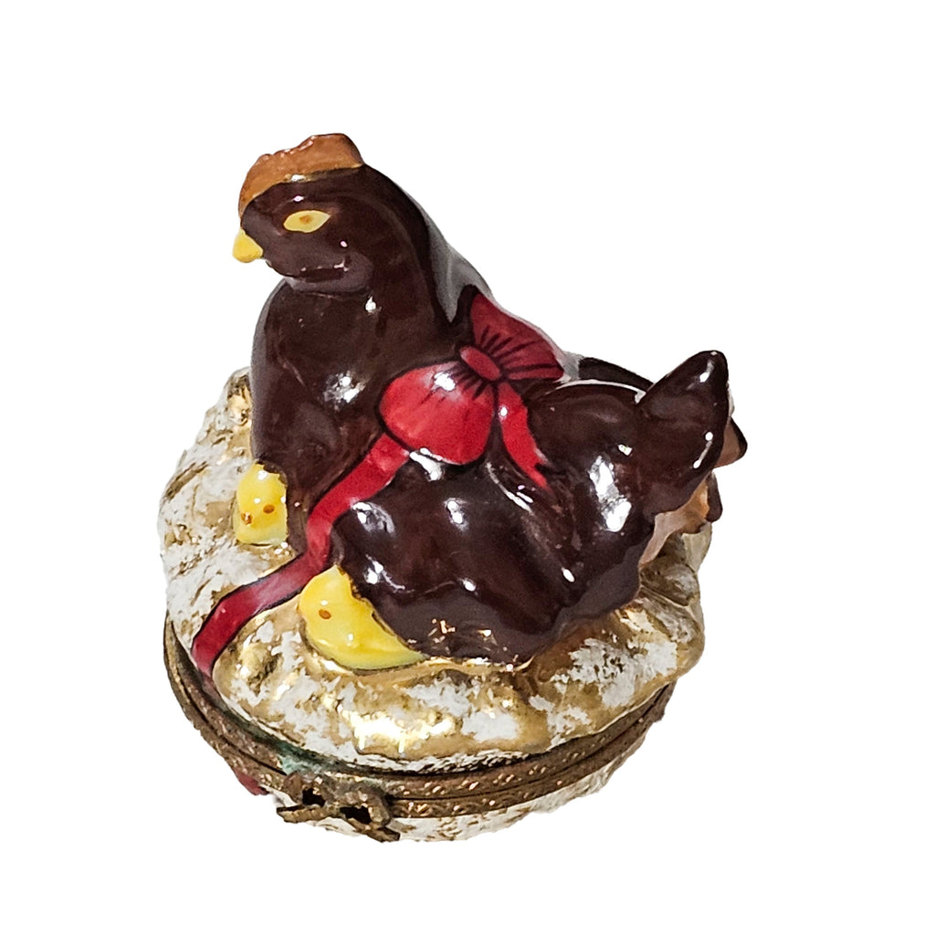 Dark Brown Chicken w Chicks and Bow Box, a hand-painted Limoges porcelain gift