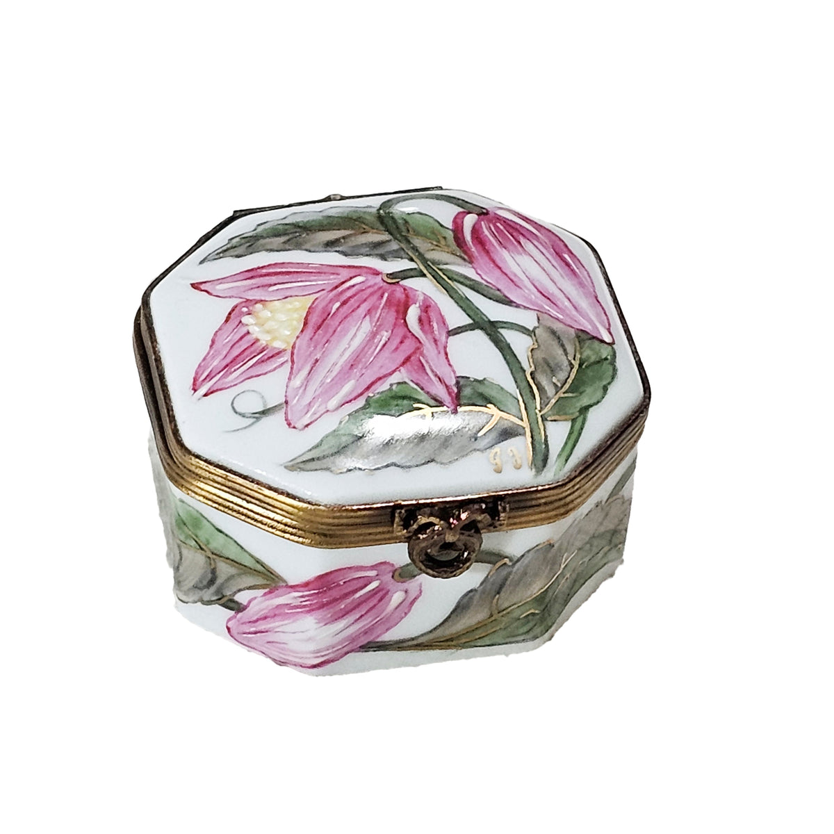 Pink Flower on Hexa Square Limoges Box, a hand-painted Limoges porcelain gift