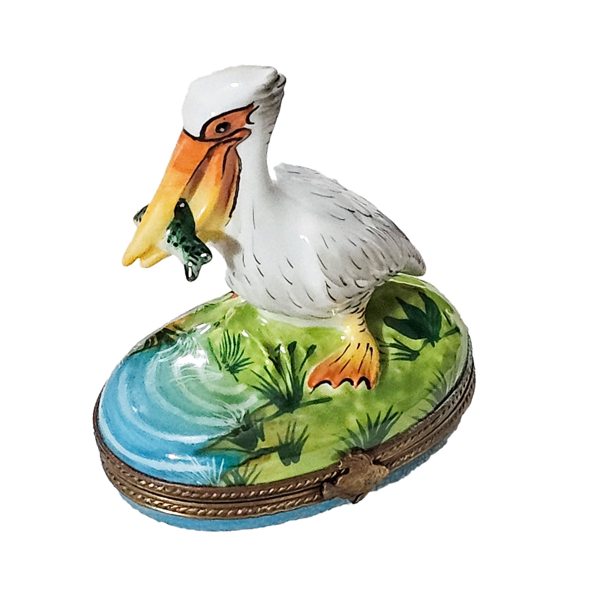 Pelican Catching Fish Limoges Box, a hand-painted Limoges porcelain gift