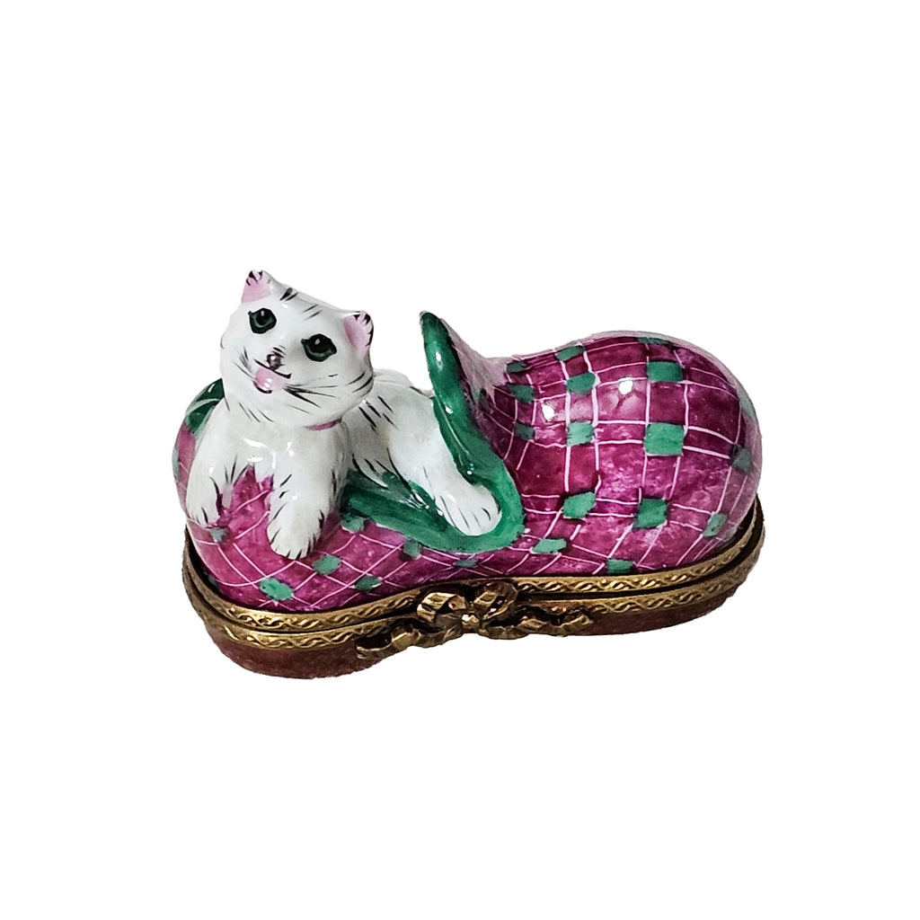 White Cat in Pink Shoe Limoges Box, a hand-painted Limoges porcelain gift