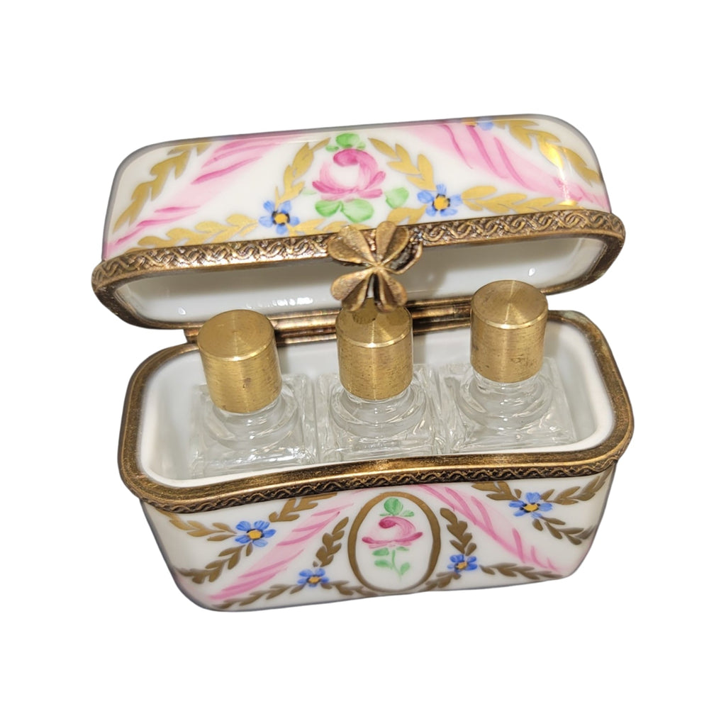 3 Perfume Pink Gold Flowers Limoges box painted by hand in Limoges, France, a gift to treasure