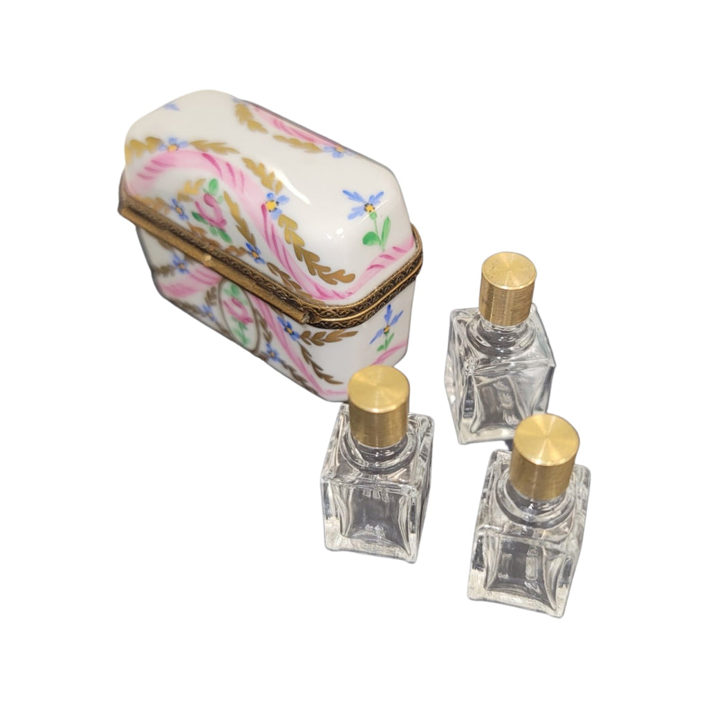Collectible 3 Perfume Pink Gold Flowers Limoges box with artisan brushwork