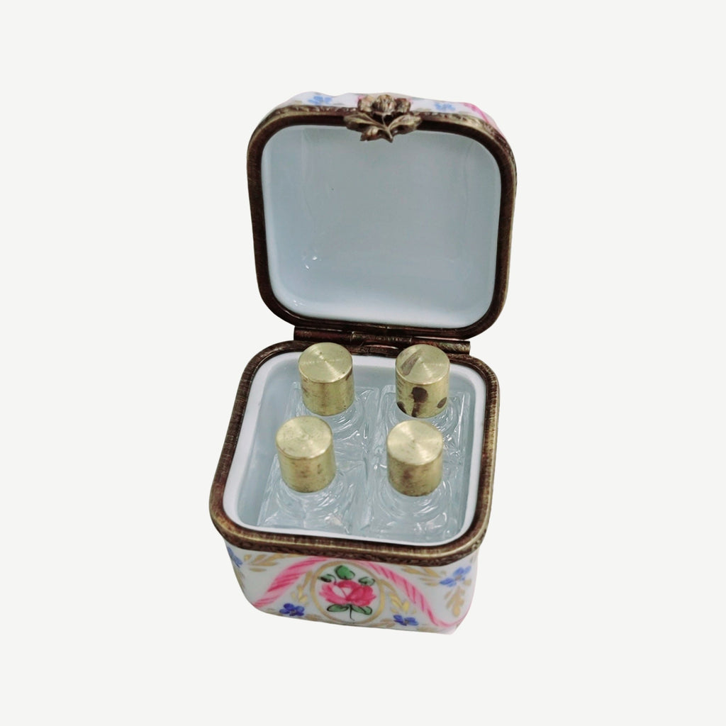 Artisan-painted 4 Perfume Pink Flowers Square Limoges box from France, a cherished collectible