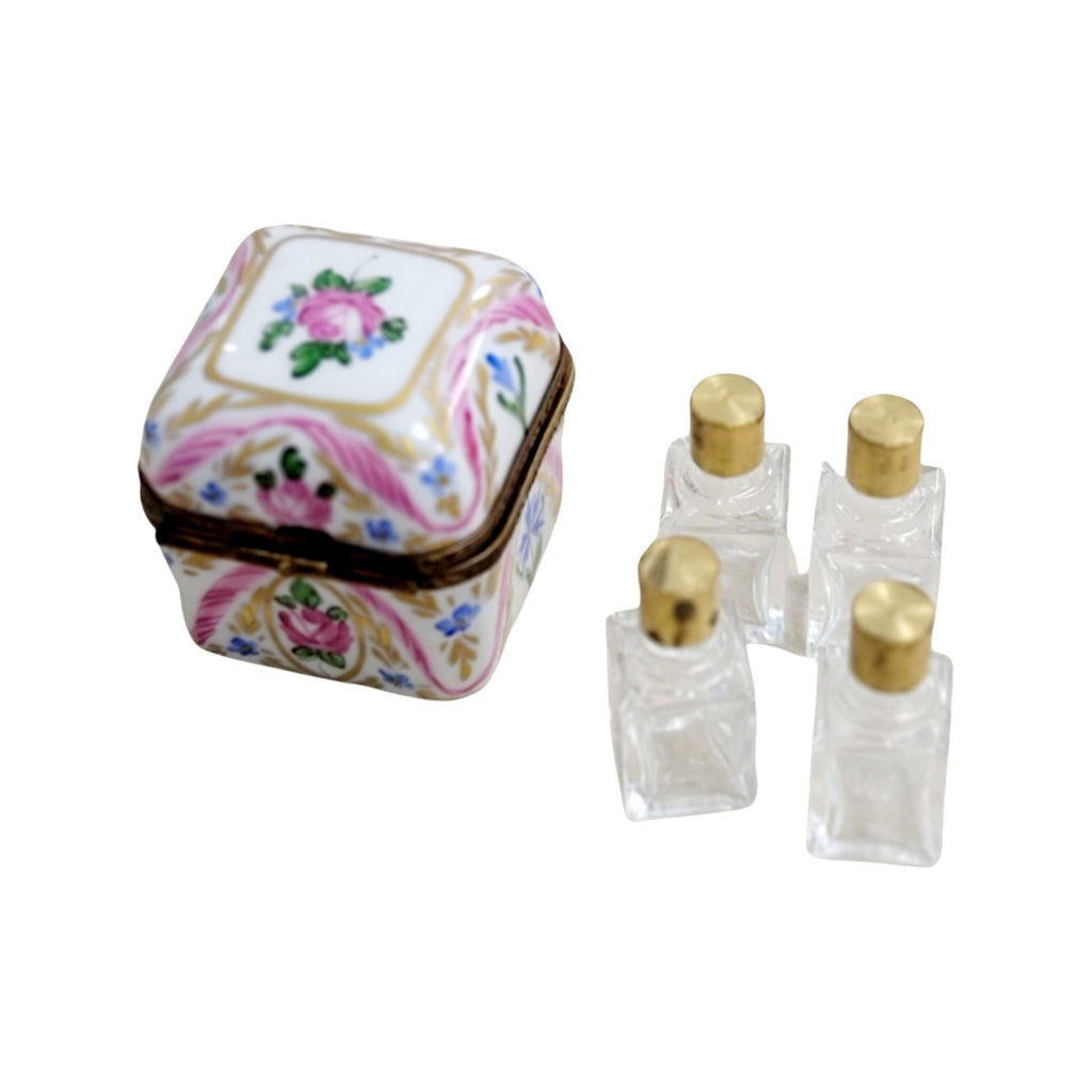 The painter's artistry shows on this 4 Perfume Pink Flowers Square Limoges box