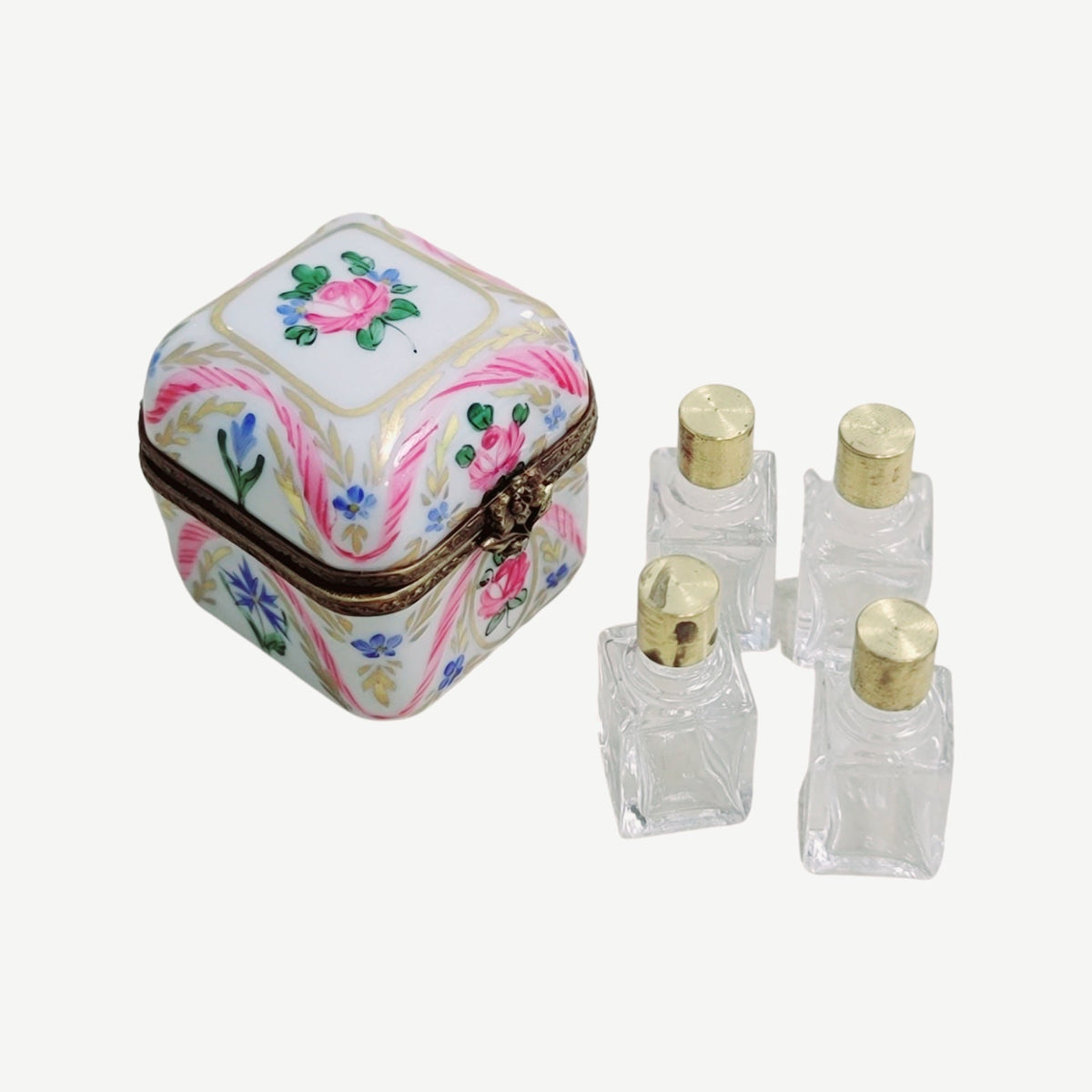Treasured French collectible: 4 Perfume Pink Flowers Square Limoges box, painted by hand