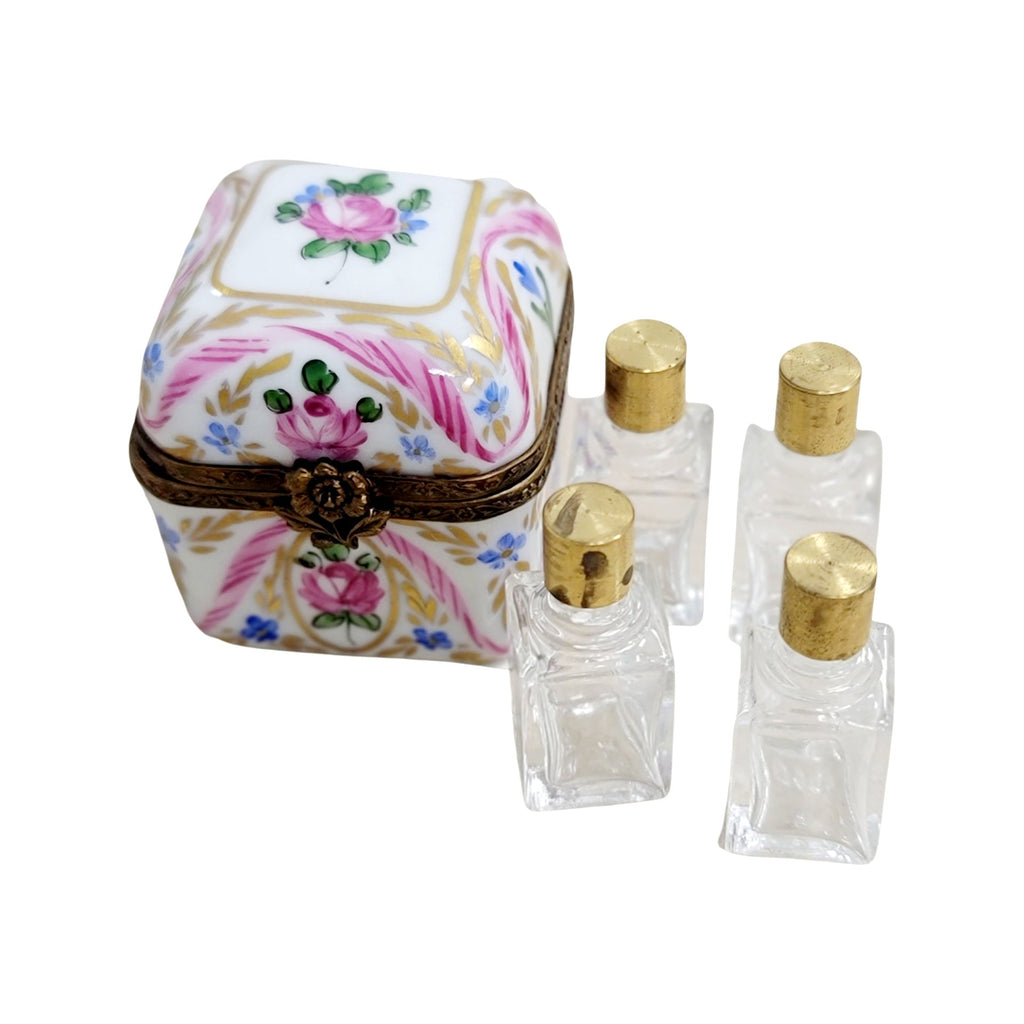 Authentic 4 Perfume Pink Flowers Square Limoges box, hand-painted in France, from Limoges Boutique