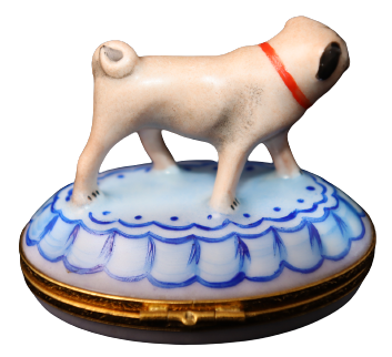 Fine French craftsmanship on the Pug Standing Up Limoges box, painted by hand