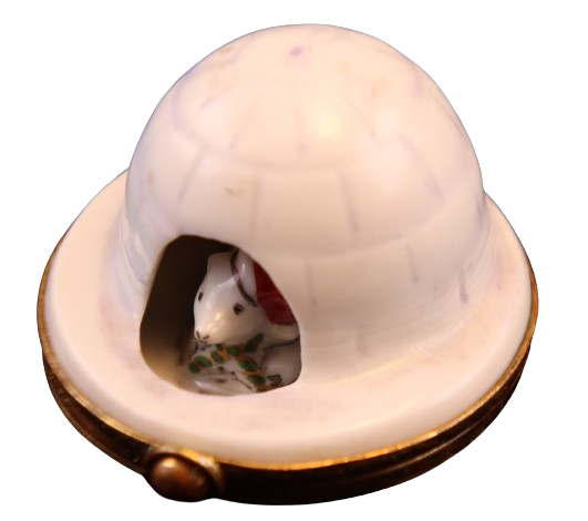 Genuine Artoria Igloo Santa Polar Bear Limoges box painted by hand in France for Christmas, from Limoges Boutique