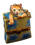 Cat in Shopping Bag Porcelain Limoges Porcelain Art Object, a hand-painted Limoges porcelain gift