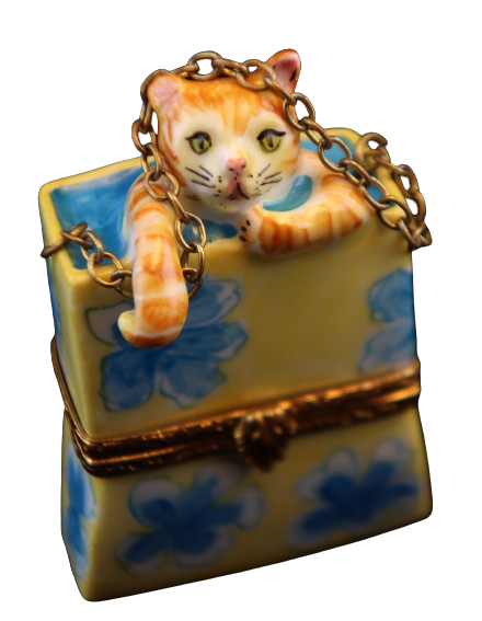 Cat in Shopping Bag Porcelain Limoges Porcelain Art Object, a hand-painted Limoges porcelain gift