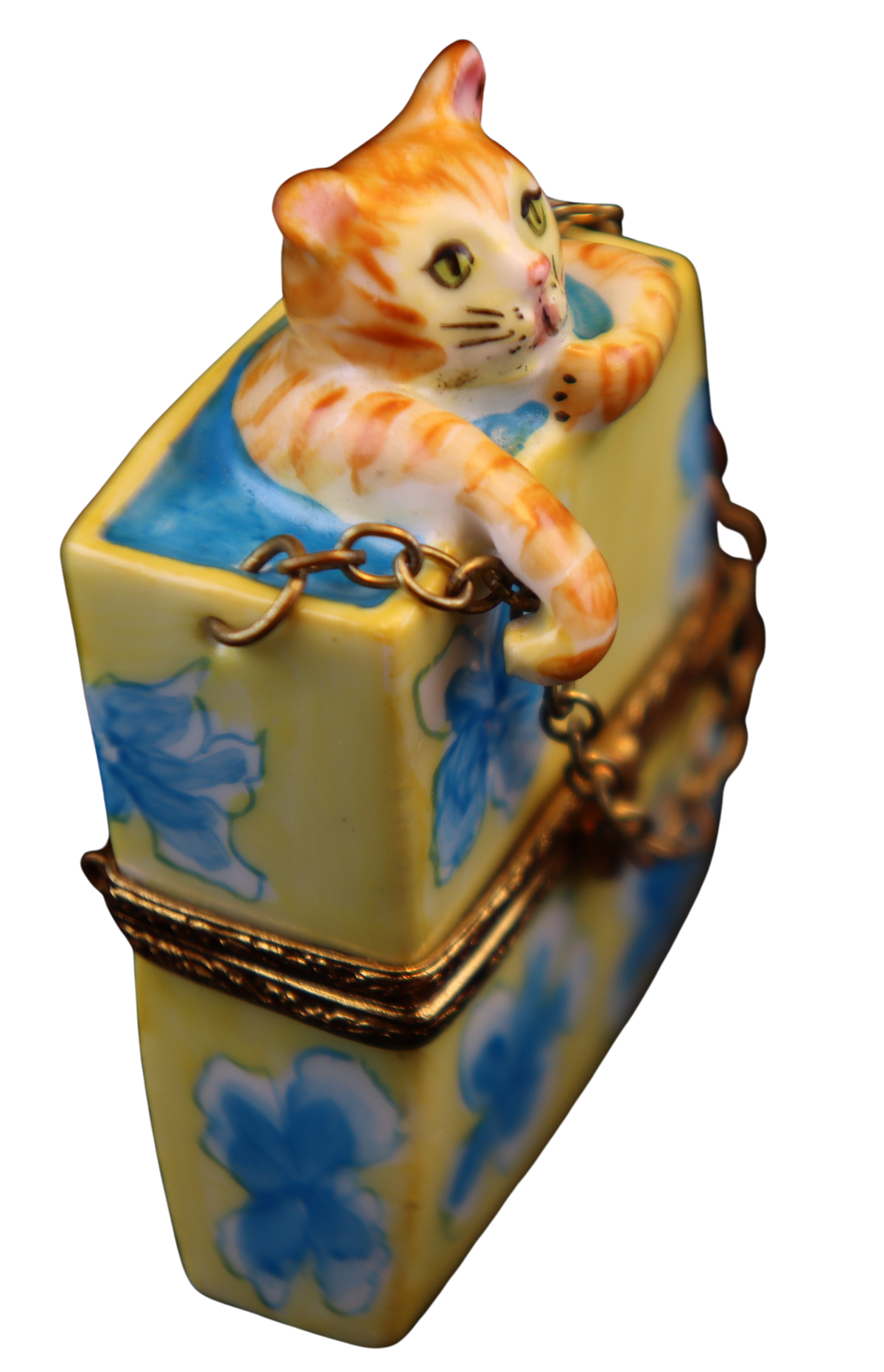 Artisan-painted Cat in Shopping Bag Limoges box from France, a cherished collectible