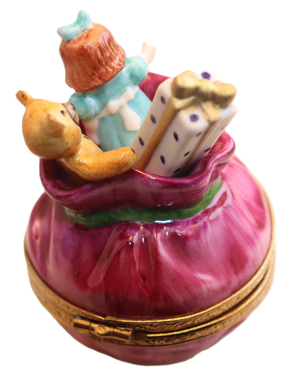 Painted details on the Santa's Bag of Toys Limoges box, French art in miniature