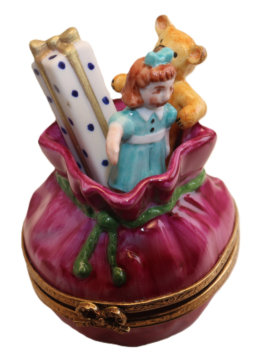 Santa Bag Toys Artoria Limoges Box Figurine for Christmas, a hand-painted Limoges porcelain gift