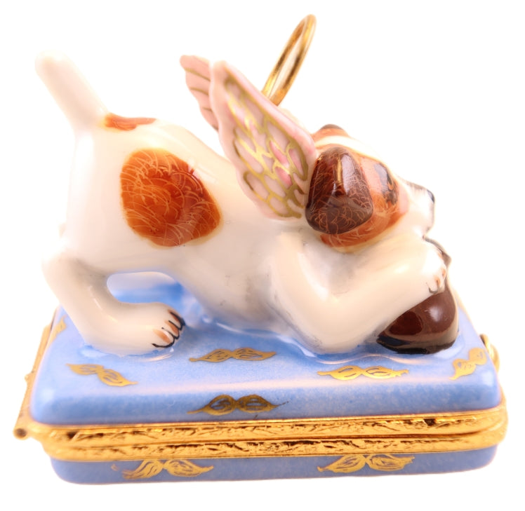Fine French craftsmanship on the Angelic Puppy Limoges box, painted by hand