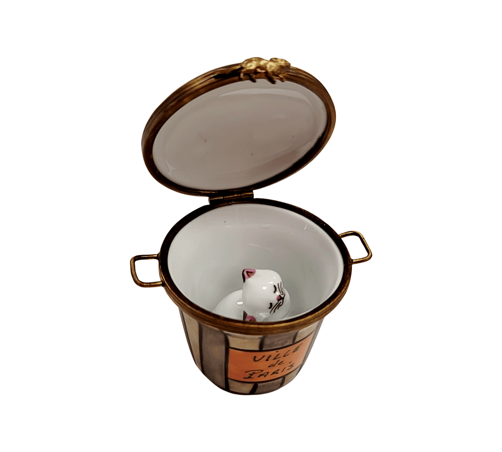 Every brushstroke by hand on the Cat in Trashcan Limoges box from France