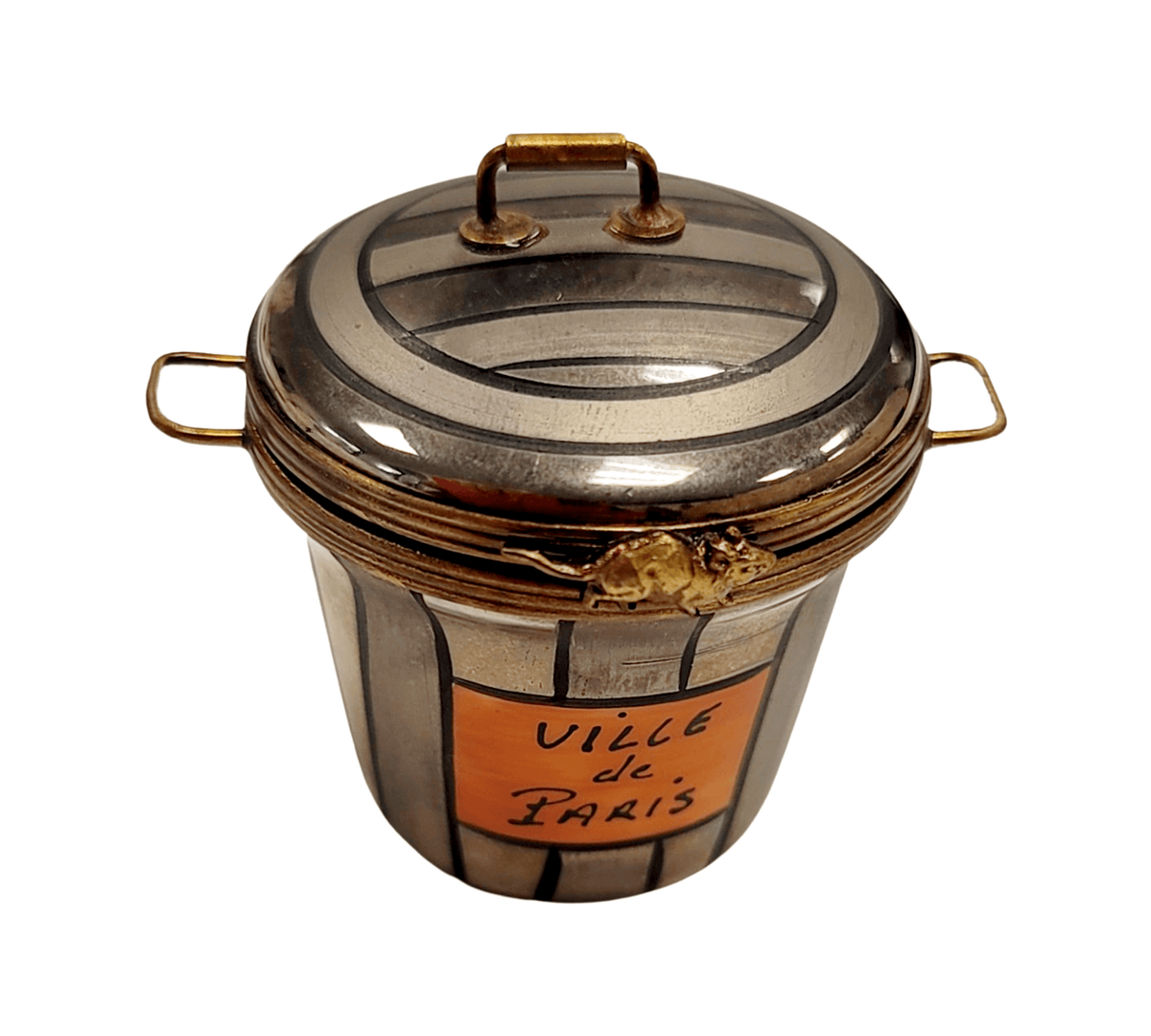 Authentic Cat in Trashcan Limoges box, hand-painted in France, from Limoges Boutique