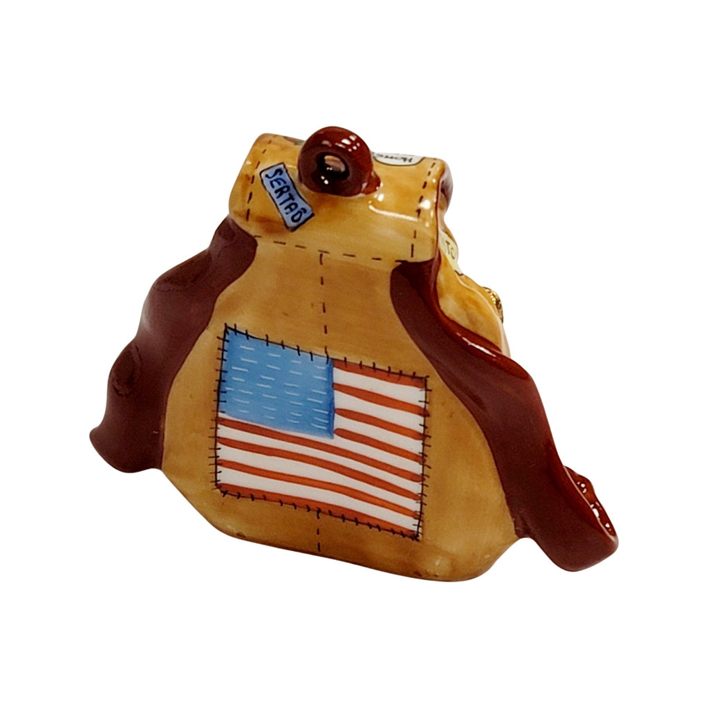 View from behind of the American Flag Backpack Limoges box, hand-painted in France