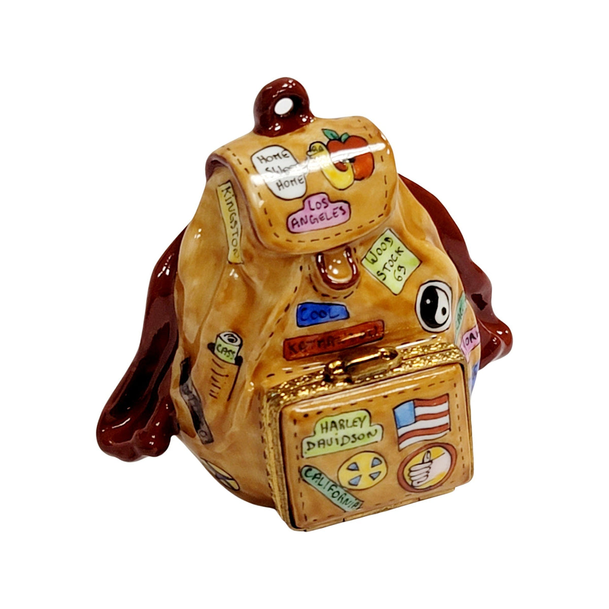 The American Flag Backpack Limoges box turned around to show its painted back