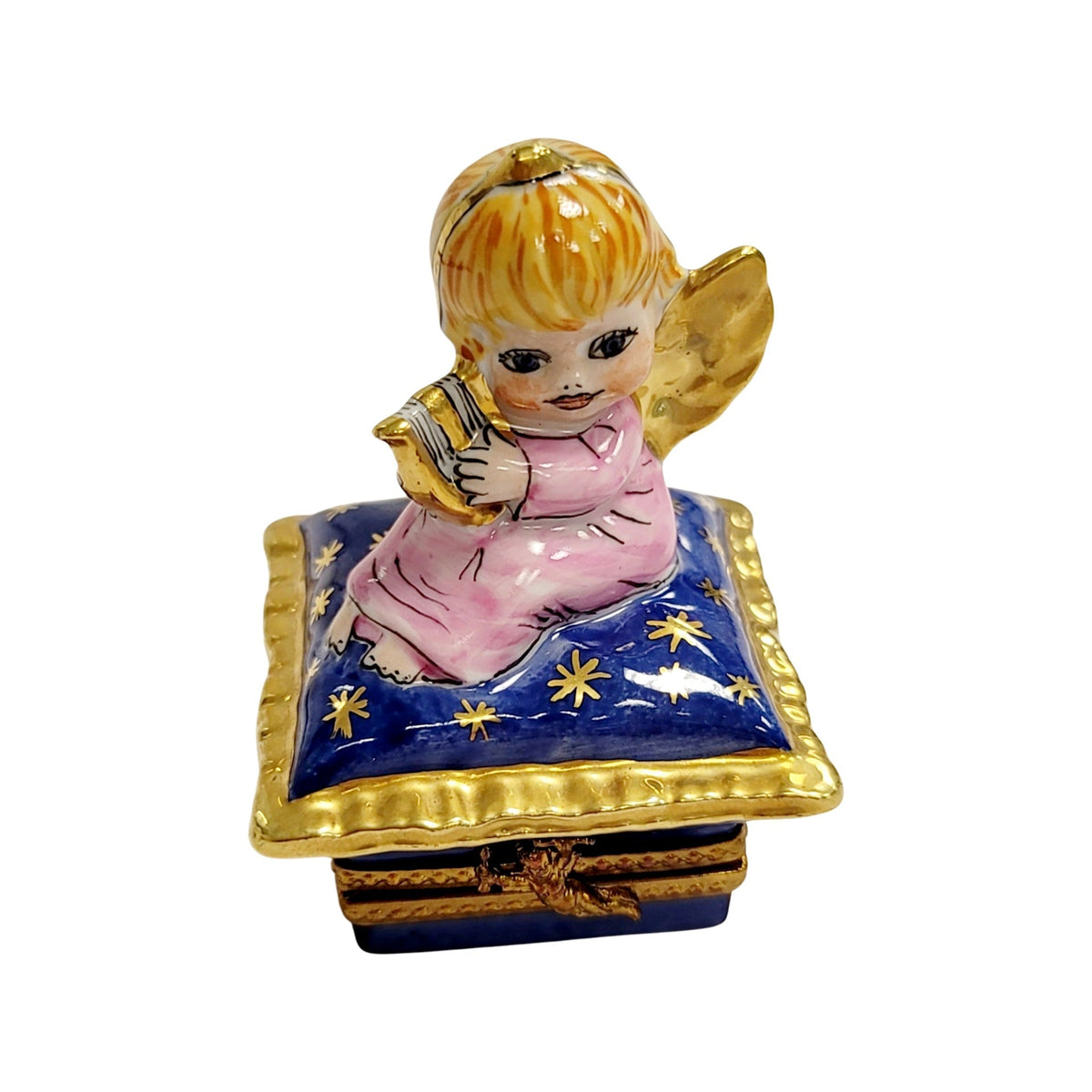 Treasured French collectible: Angel Harp Blue Art Limoges box, painted by hand