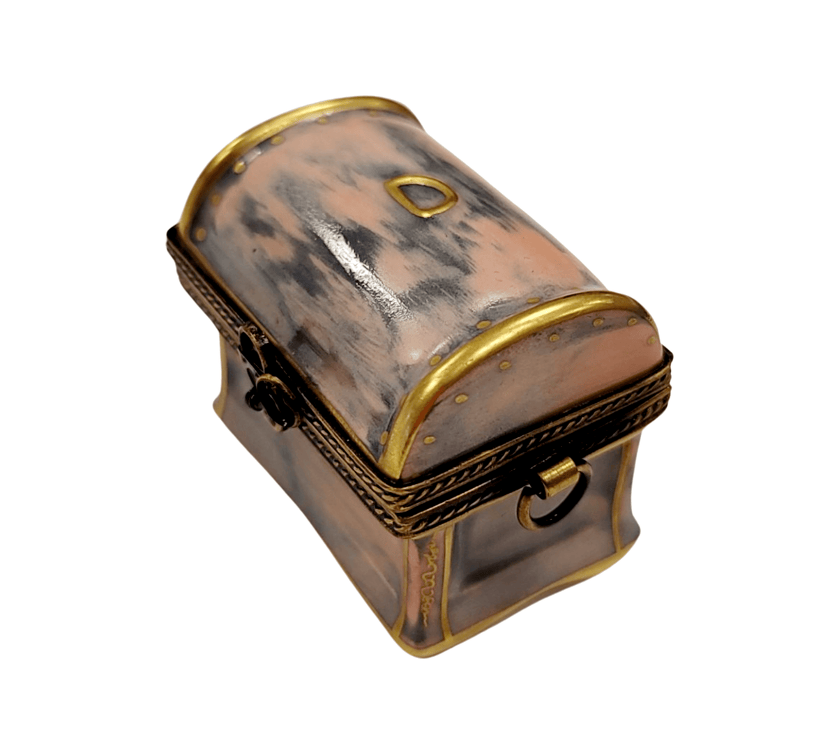Painted details on the Antique Bronze Chest Trunk Limoges box, French art in miniature