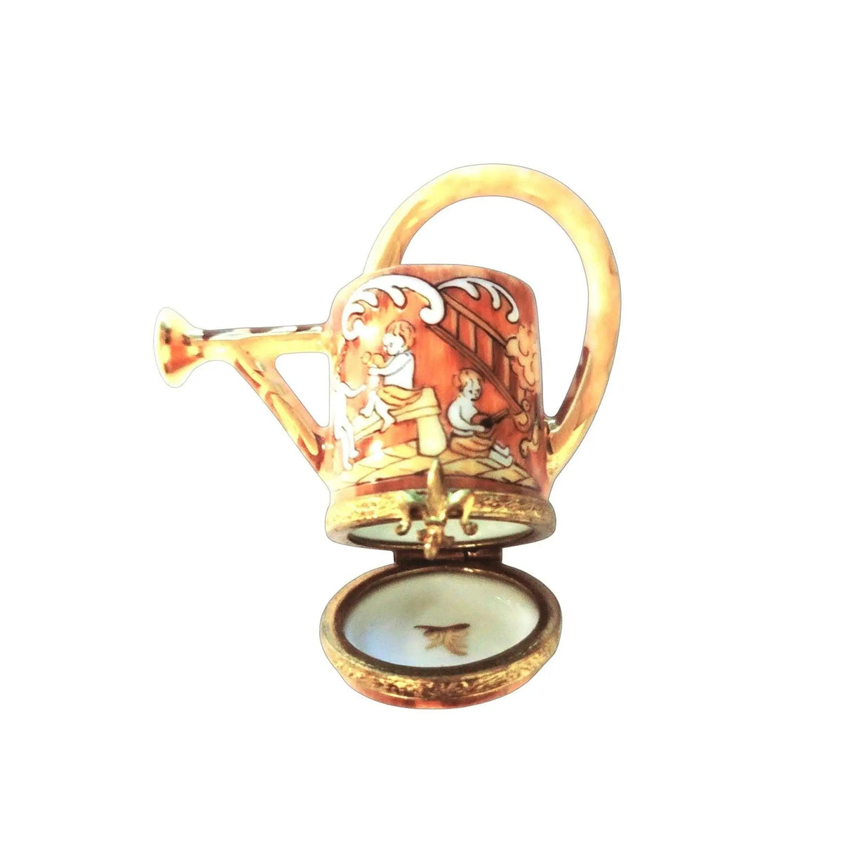 Artisan-painted Wooden Antique Watering Can Limoges box from France, a cherished collectible