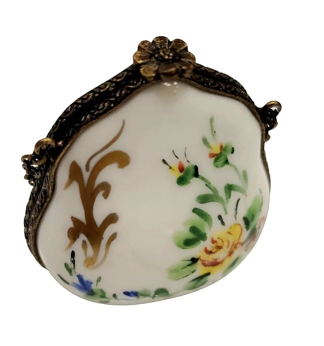 Yellow Purse Flowers Antiqued Brass HandPainted Charm, a hand-painted Limoges porcelain gift