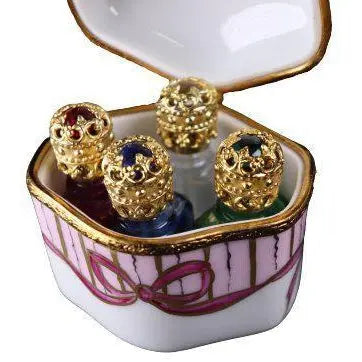 Fine art lovers will admire this Odd Shape 4 Perfume Bottles Limoges box