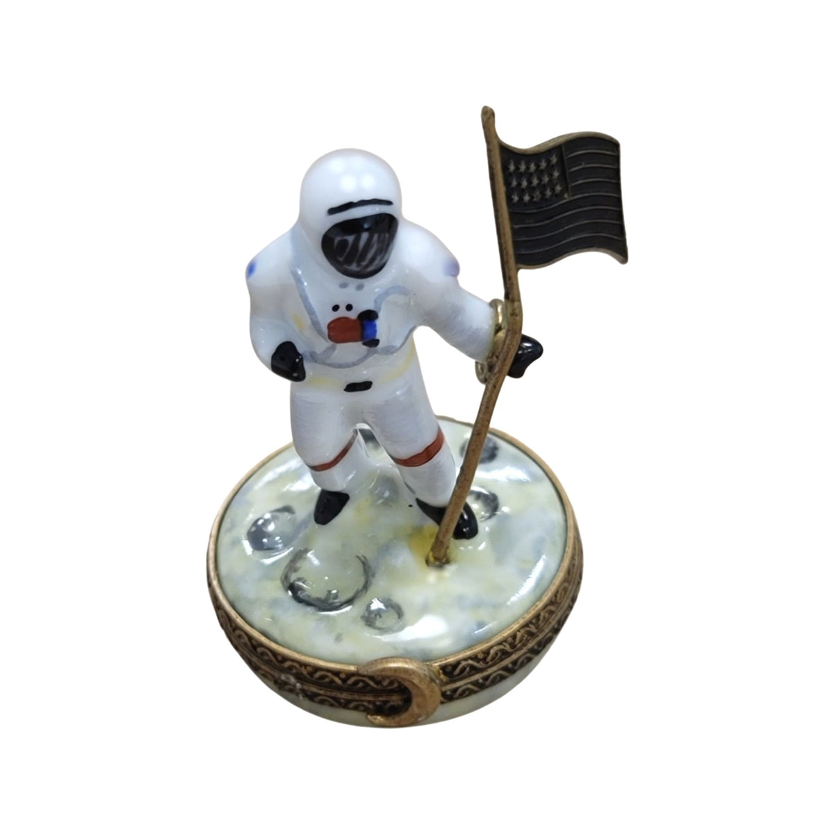 Astronaut American Flag Moon Limoges Box, a hand-painted Limoges porcelain gift
