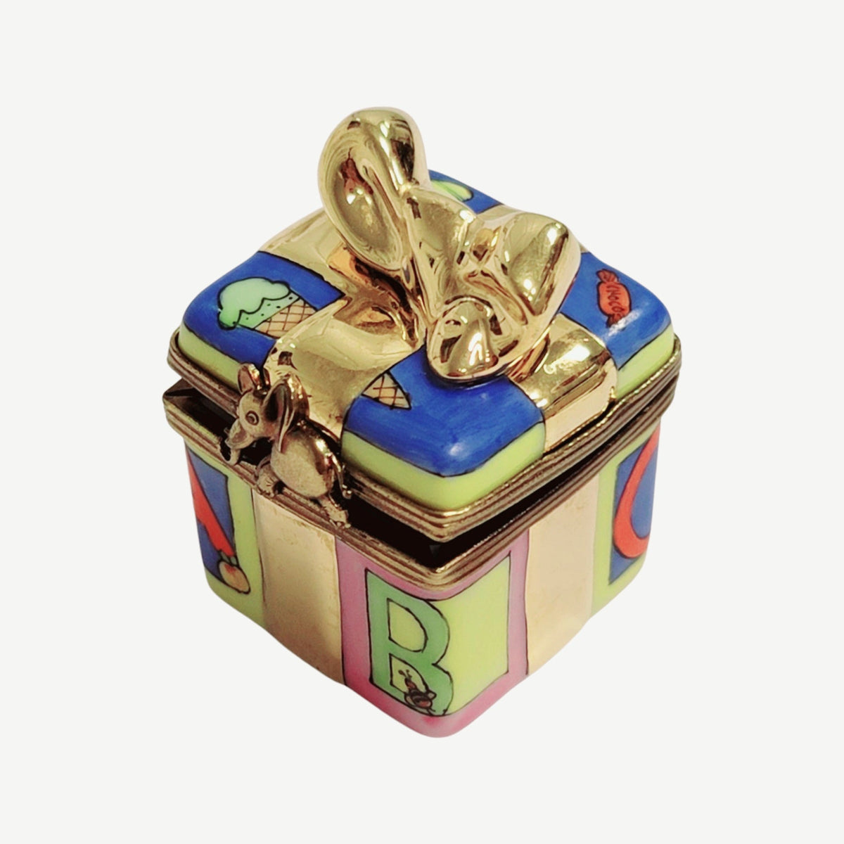 Collectible Baby Block Present Limoges box with artisan brushwork