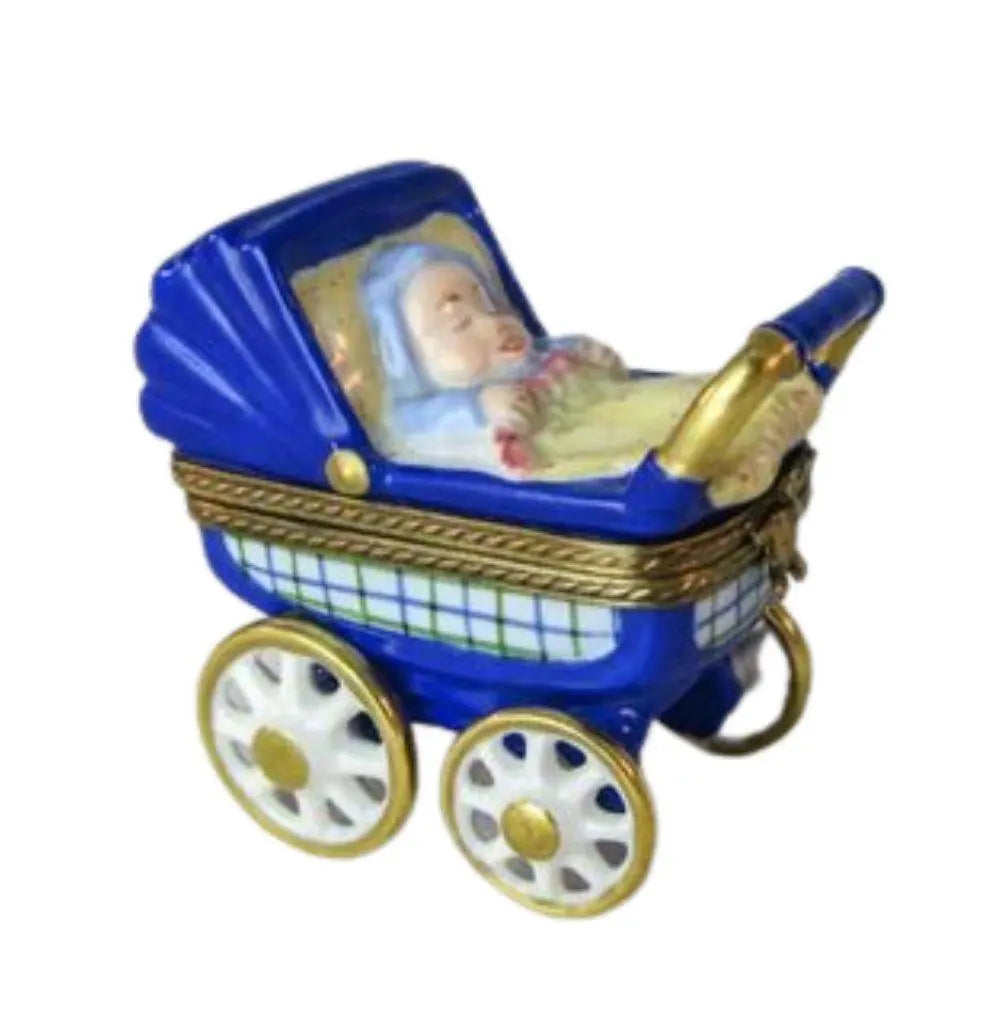 Treasured French collectible: Baby Carriage Blue Limoges box, painted by hand