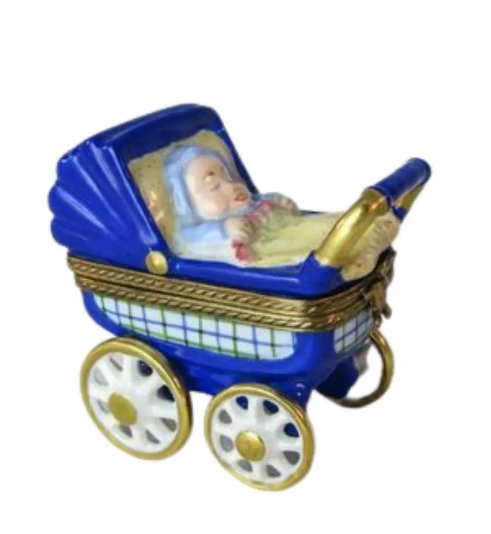 Baby Carriage Blue Limoges Box Figurine, a hand-painted Limoges porcelain gift