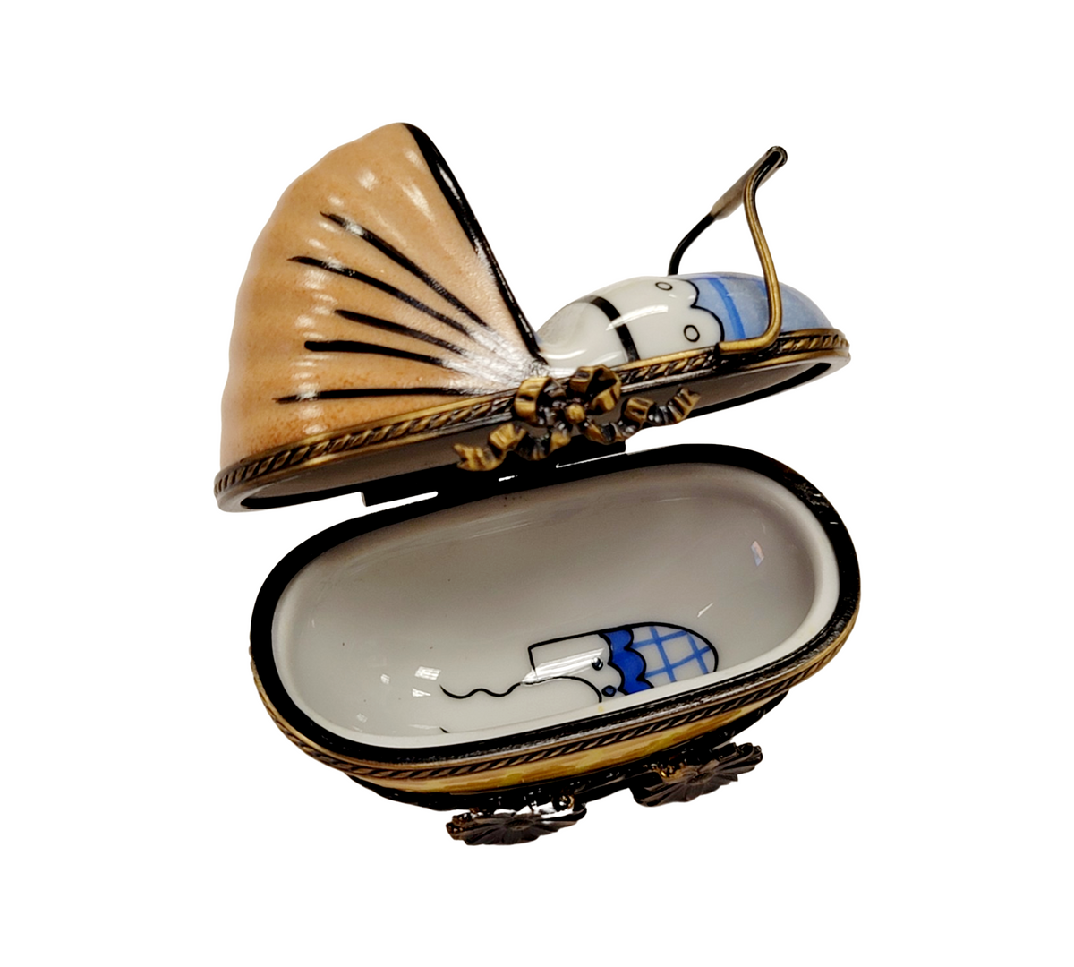 Collectible Baby Carriage Blue for Parents Limoges box with artisan brushwork