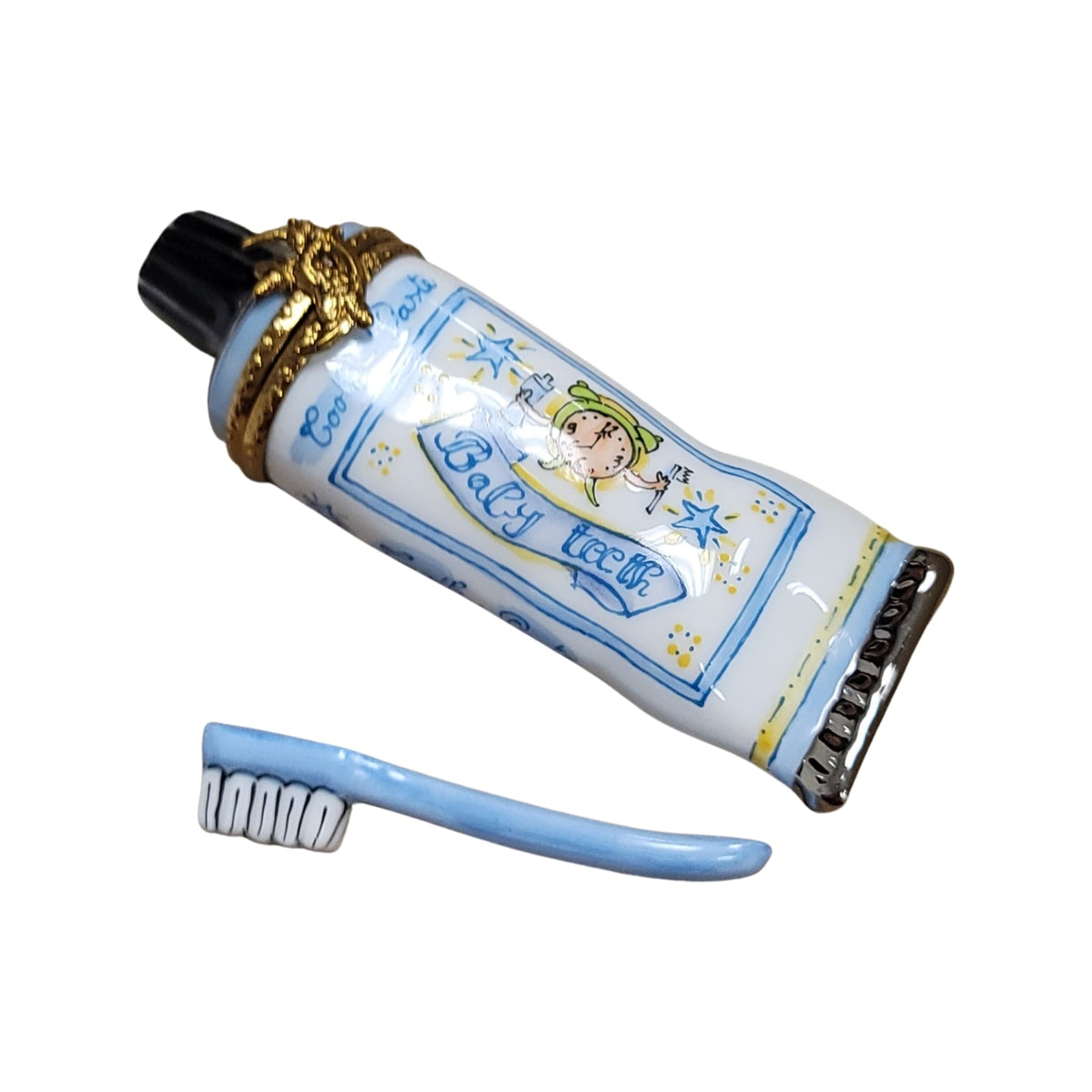 Every brushstroke by hand on the Baby Toothpaste Blue Limoges box from France