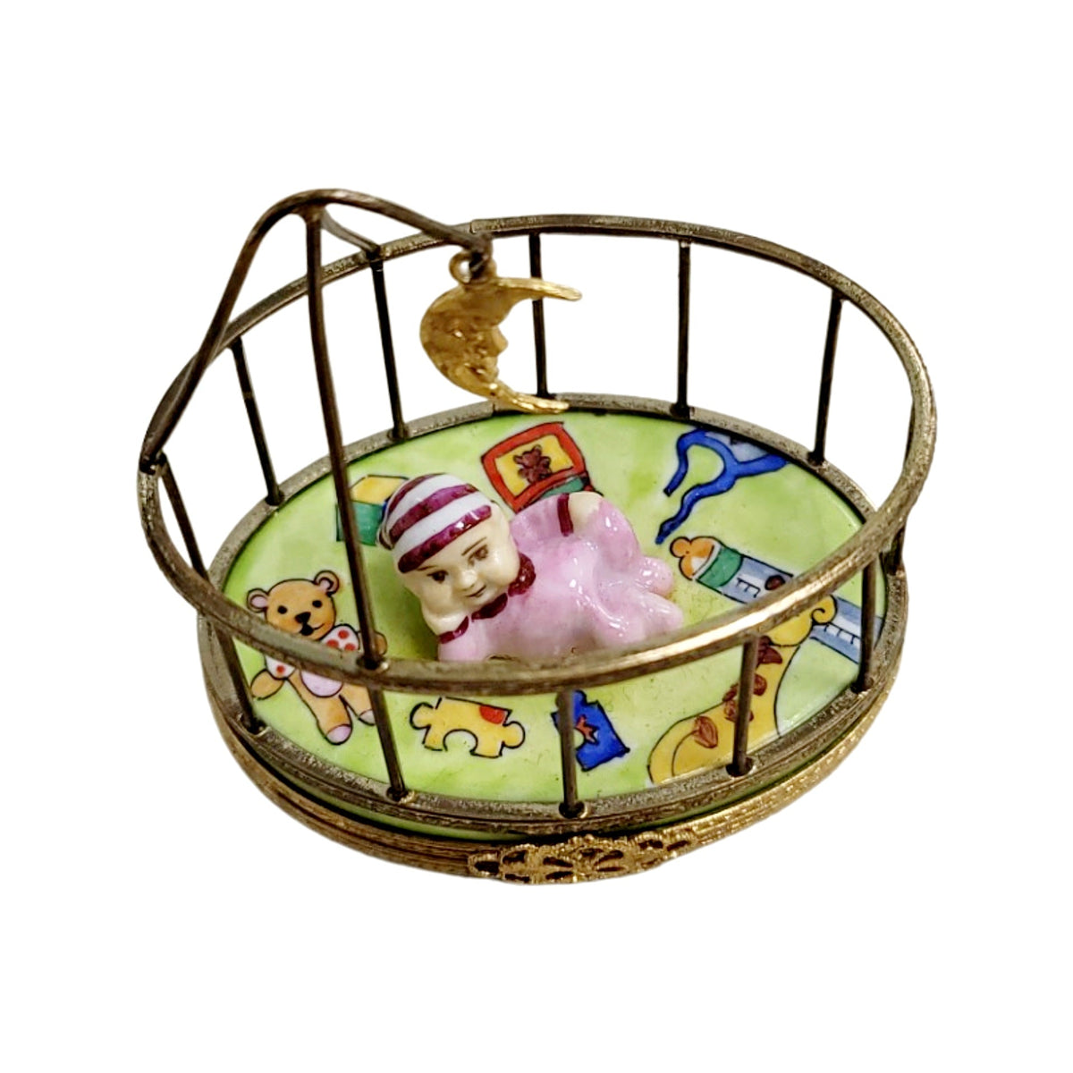 Baby in Playpen Limoges Box Figurine, a hand-painted Limoges porcelain gift