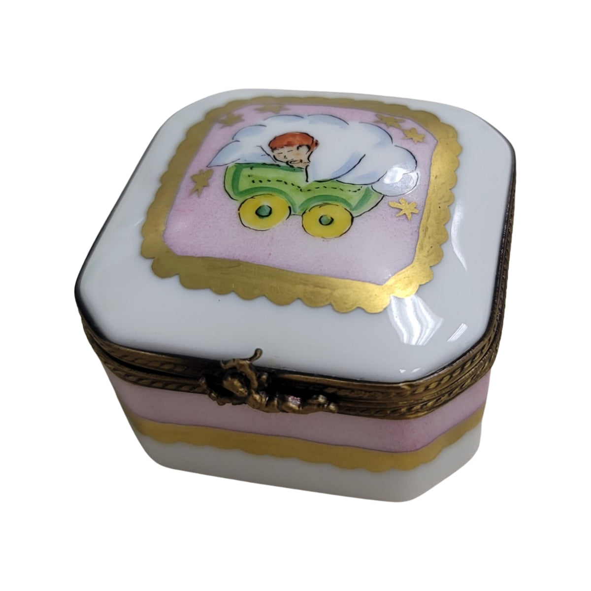 Limoges Boutique presents the Baby in Pram Square, a genuine Limoges box painted by hand in France
