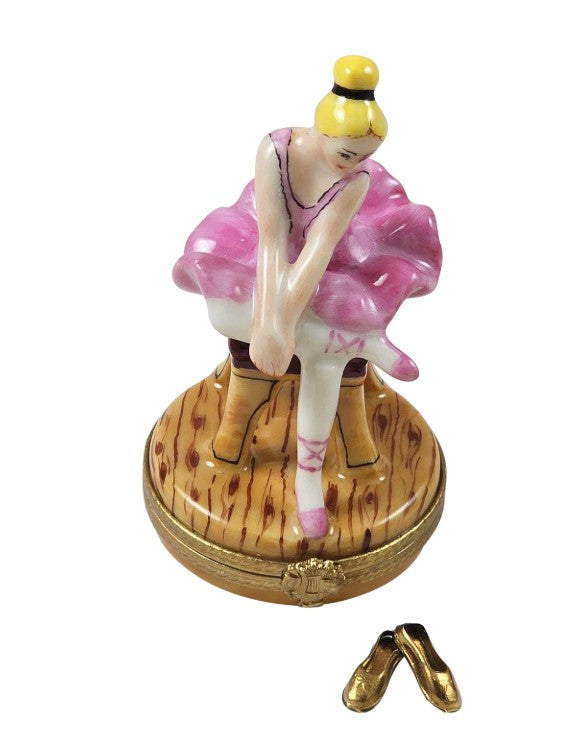 Pink Ballerina w Gold Shoes, Blond Hair Limoges Box, a hand-painted Limoges porcelain gift