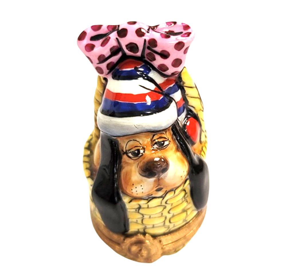 Bassett Hound Dog in Basket Limoges Box, a hand-painted Limoges porcelain gift