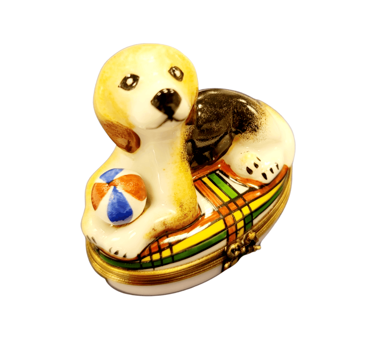 Limoges Boutique presents the Beagle Dog with Ball, a genuine Limoges box painted by hand in France