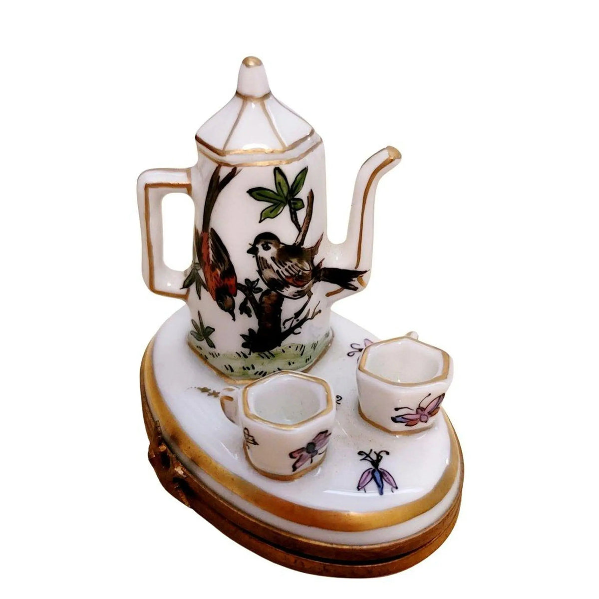 Birds White Limoges Tea Set for Collectors, a hand-painted Limoges porcelain gift