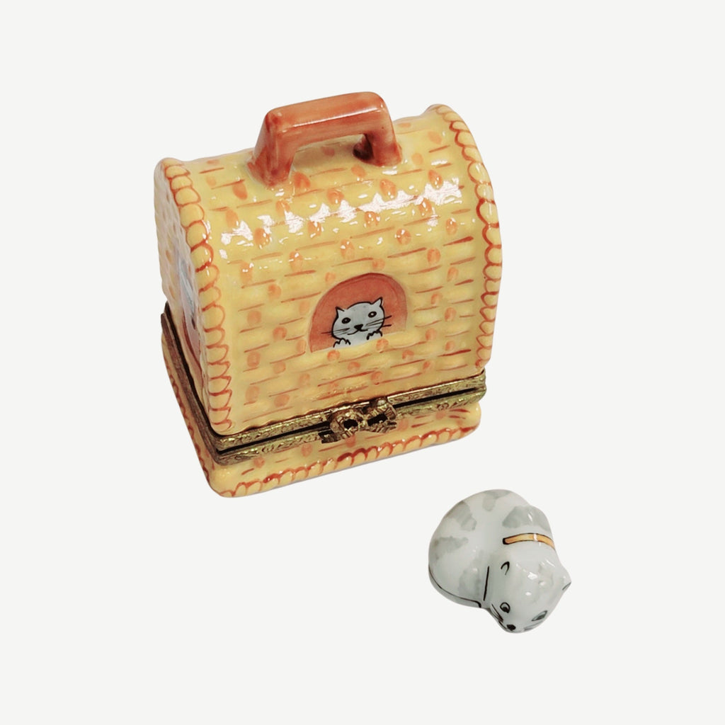 Fine French craftsmanship on the Black Cat Carrier Limoges box, painted by hand