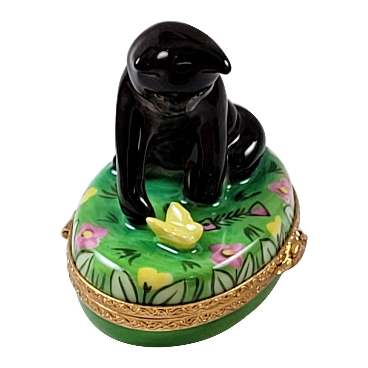 Fine French craftsmanship on the Black Cat with Butterfly Limoges box, painted by hand