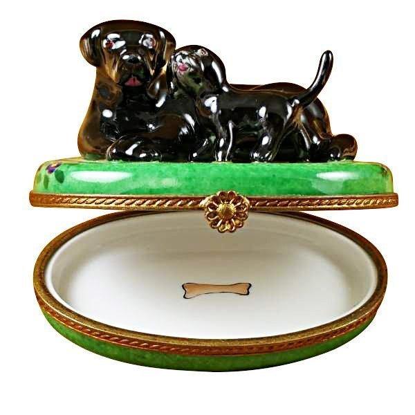 Treasured French collectible: Black Labrador and Puppy Limoges box, painted by hand