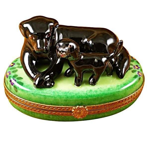 Black Labrador and Puppy Collectible, a hand-painted Limoges porcelain gift