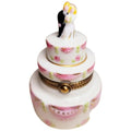 Blond Bride and Groom White Pink Wedding Cake Limoges Box, a hand-painted Limoges porcelain gift