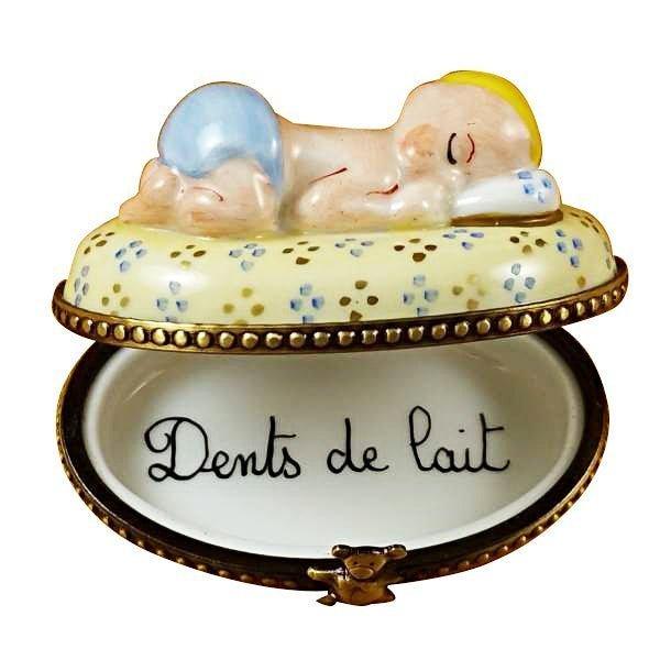 Fine art lovers will admire this Blue Baby Sleeping for Parents Limoges box