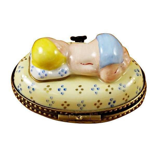 Hand-painted Blue Baby Sleeping for Parents Limoges box, French artistry for lovers of fine art